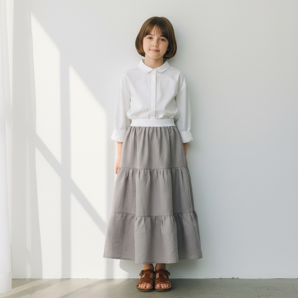 Skirt Girls M 8 Maxi Ruffle Tier 100%‎ Cotton Gray Boho Mom and Pop's Kids